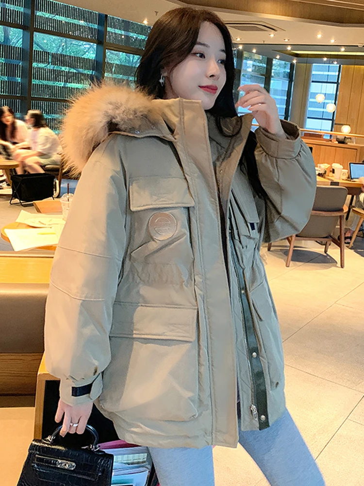 New Arrival Women Winter Jacket Hooded Thicken Fur Collar Fashion Women Loose Oversize Middle Long Parka Coat