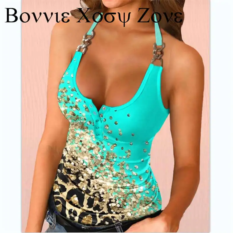 

Women Contrast Leopard Print Notch Neck Buttoned Slight Stretch Tank Top