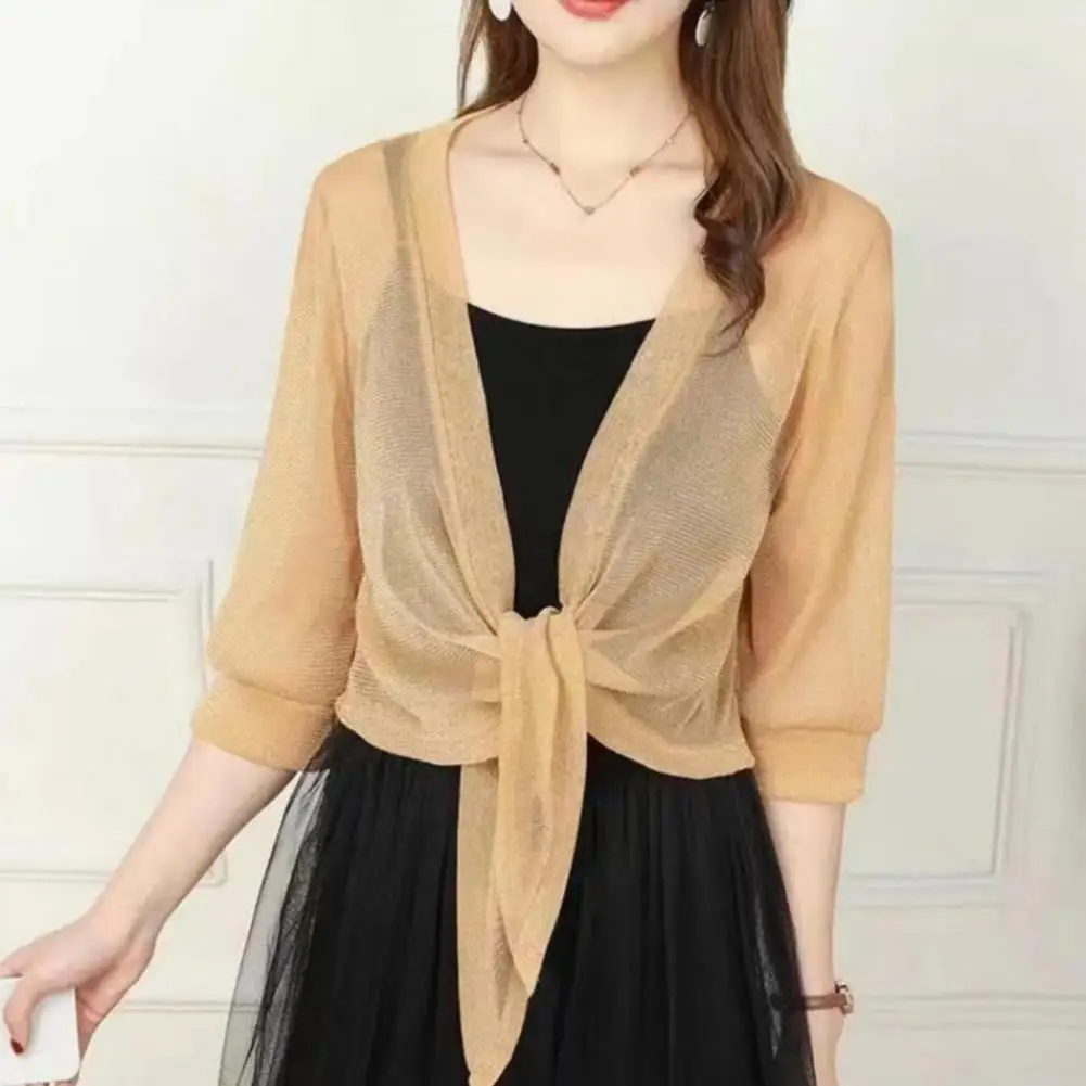 

Women Summer Cardigan Coat V-neck Solid Color Thin See-through Half Sleeves Sunscreen Lace Up Sun Protection Clothing