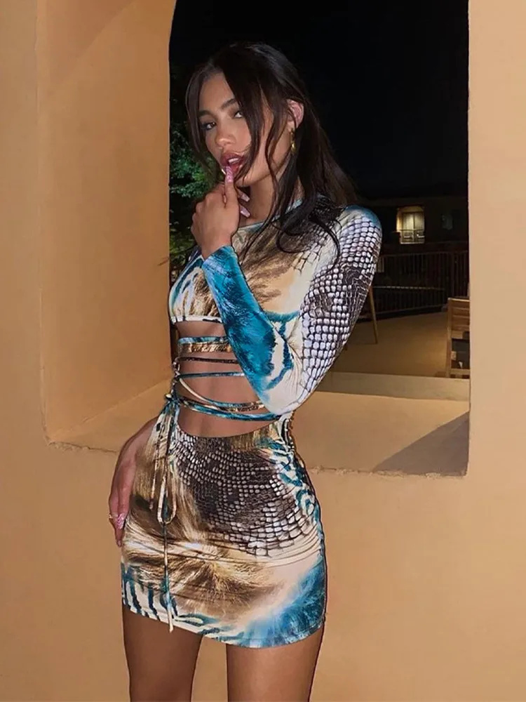 

Sexy One-Shoulder Print Hollow Out Mini Dress Long Sleeve Lace-up Panelled Pack Buttock Vestido Bodycon Summer Party Outfits