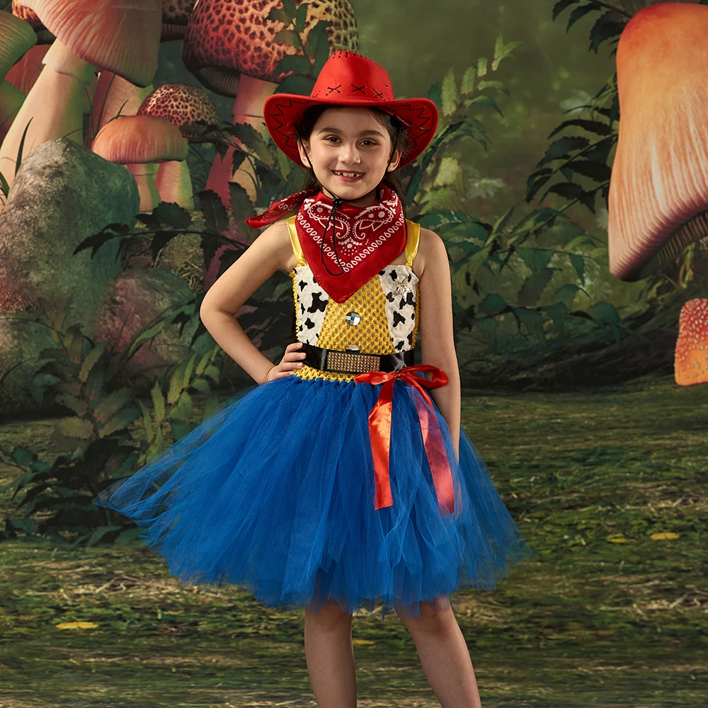 

Cowgirl Jessie Inspired Halloween Costume Girls Cartoon Tutu Dress with Hat and Bandanna Kids Cosplay Birthday Party Dresses