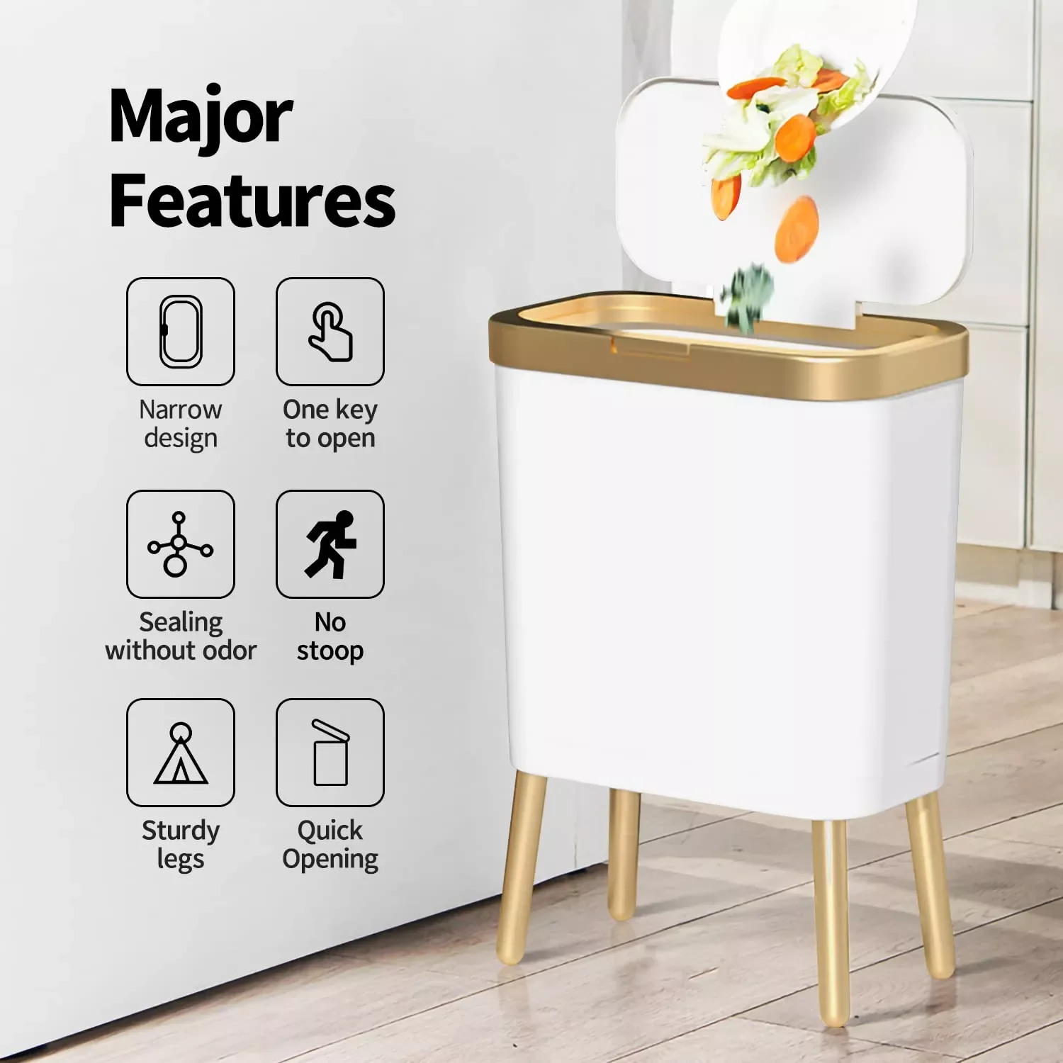 

NEW2023 15L Luxury Golden Trash Can Large-capacity Trash Bin for Kitchen Bathroom Creative High-foot Push-type Plastic Garbage T