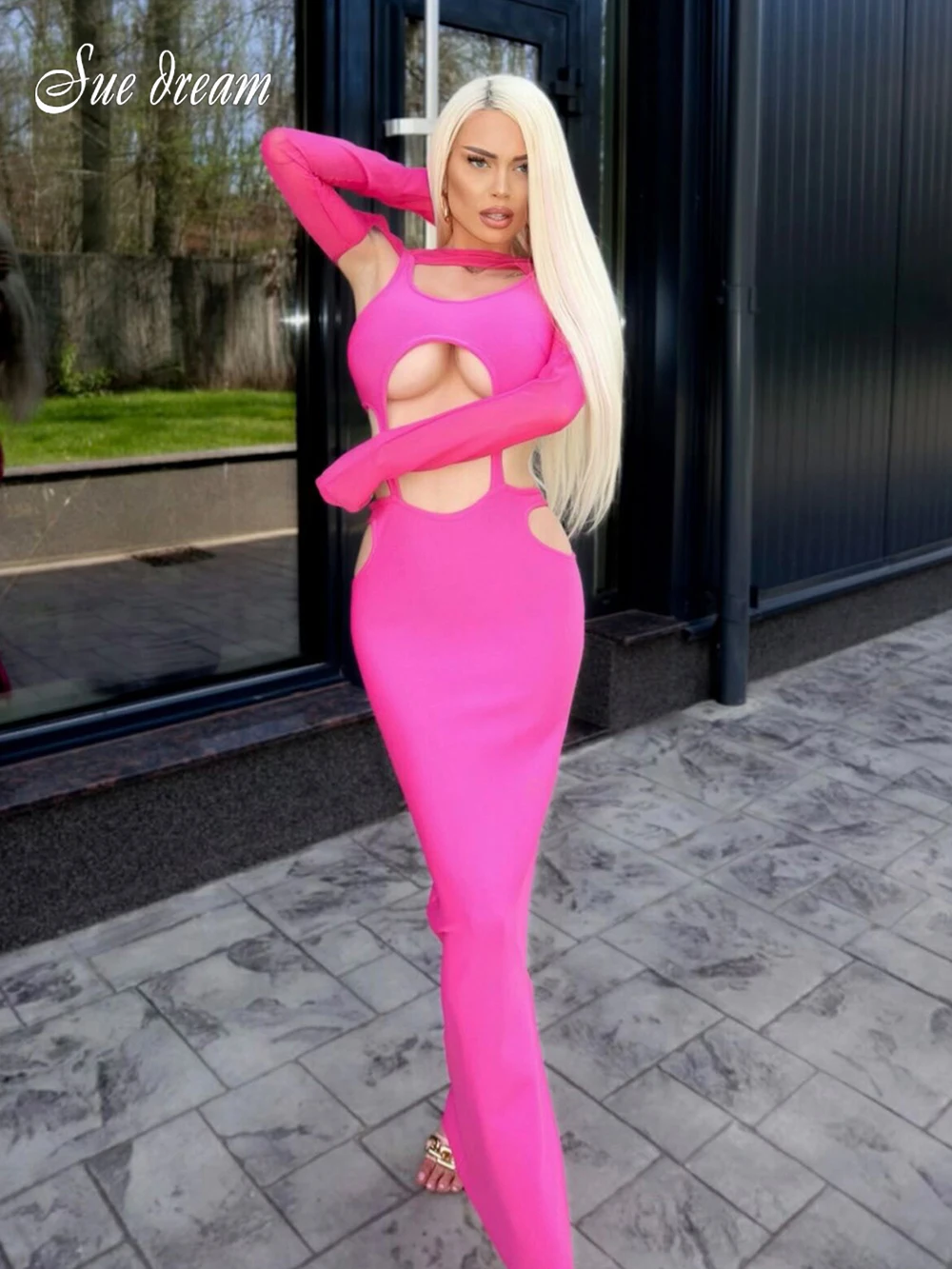 

2023 летнее женское вечерние, сексуальное платье с вырезами, дизайнерское тонкое Сетчатое лоскутное Бандажное платье с длинным рукавом, праздничные платья