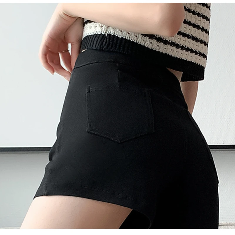 Single Buckle Three-point Women Shorts Fashion High Elasticity 2023 Summer Black High Waist Outside Wear Hot Pants Spice Girls