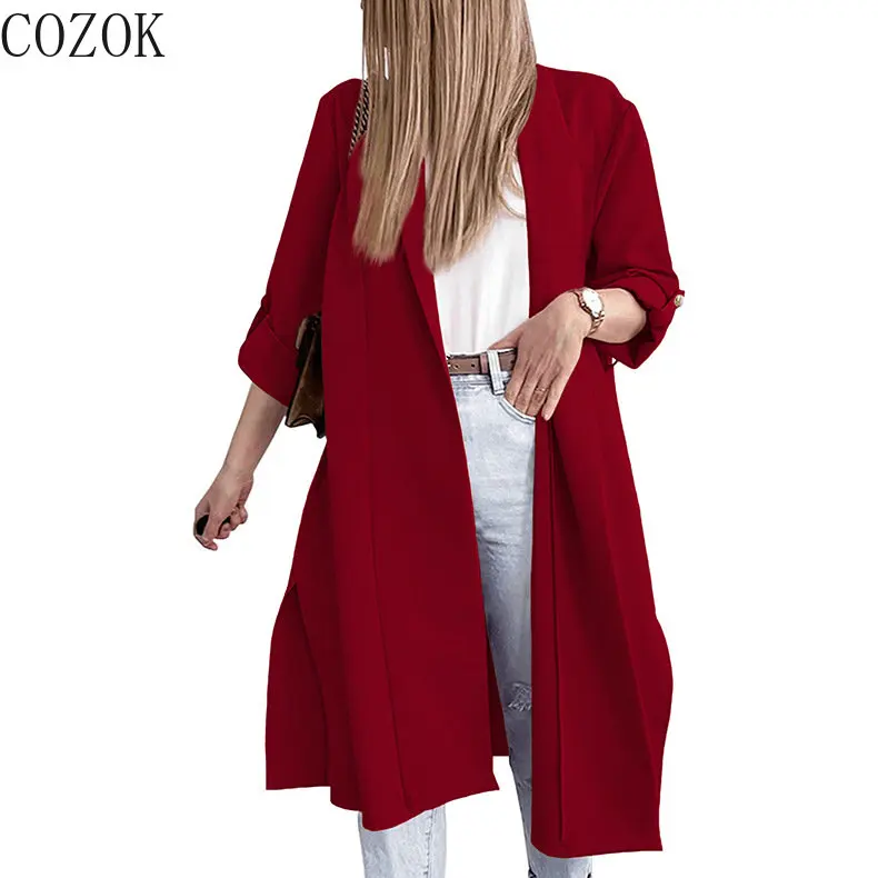 

2022 Autumn and Winter New Women's Cardigan Three-Quarter Sleeve Lapel Front Slit Large Coat Trench Coat for Women