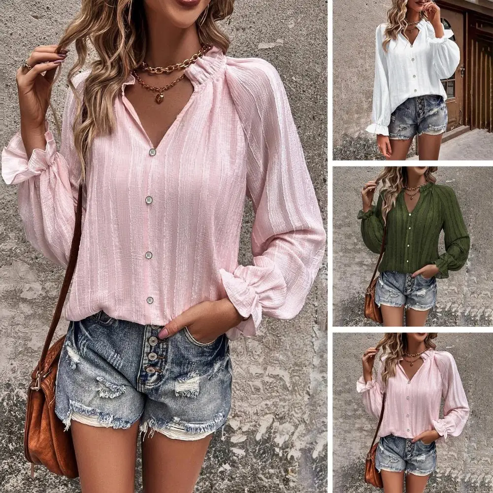 

Spring Autumn Top Chic Striped Texture Blouse Soft Puff Sleeves Half-open Collar for Women's Fall Spring Fashion for Dating