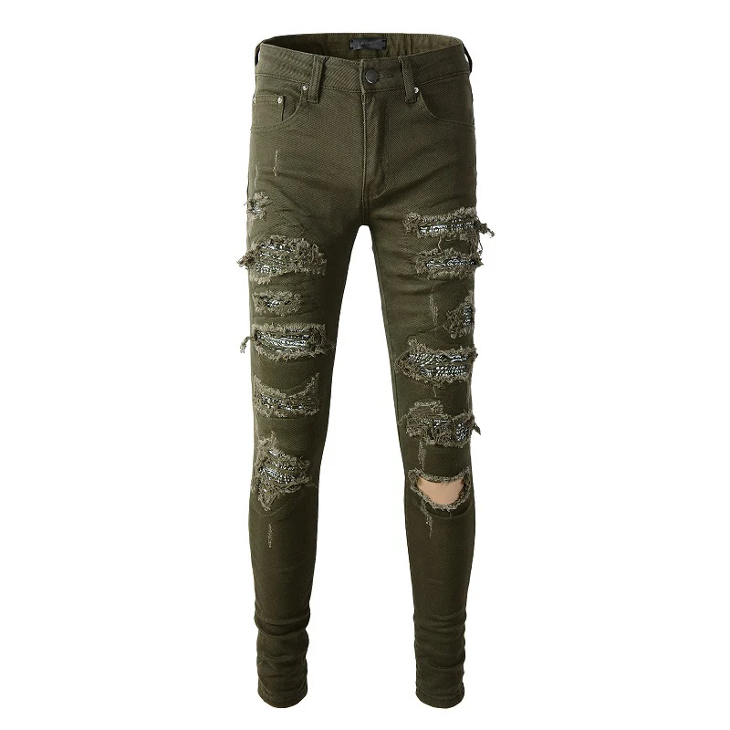 

New Fashion Streetwear Army Green Distressed Slim Fit Bikers Skinny Stretch Tie Dye Bandana Ribs Patch Cargo Ripped Jeans