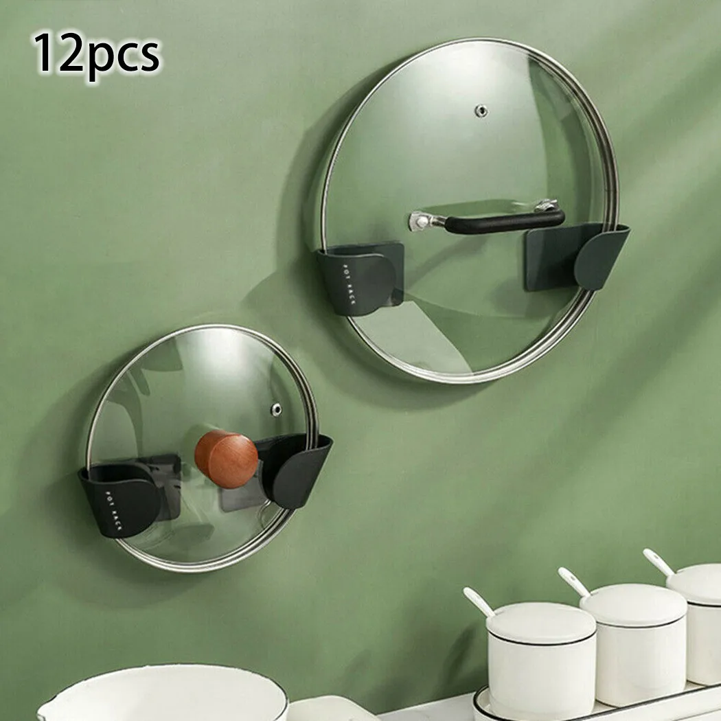 12Pcs Pot Lid Holder Wall-Mounted Hanging Holder for Pan Pot Cover Rack Plastic Kitchen Storage Rack Kitchen Organizer