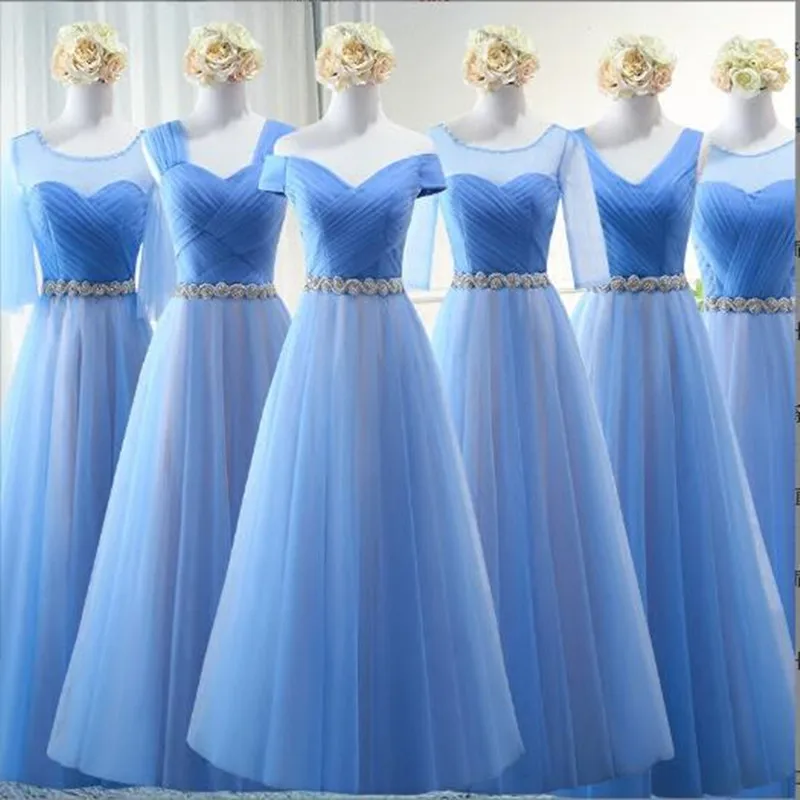 

A-Line Tulle Long Blue Bridesmaid Dresses Floor-Length Simple Sleeveless Vestidos Bridesmaid Skirt Prom Gown