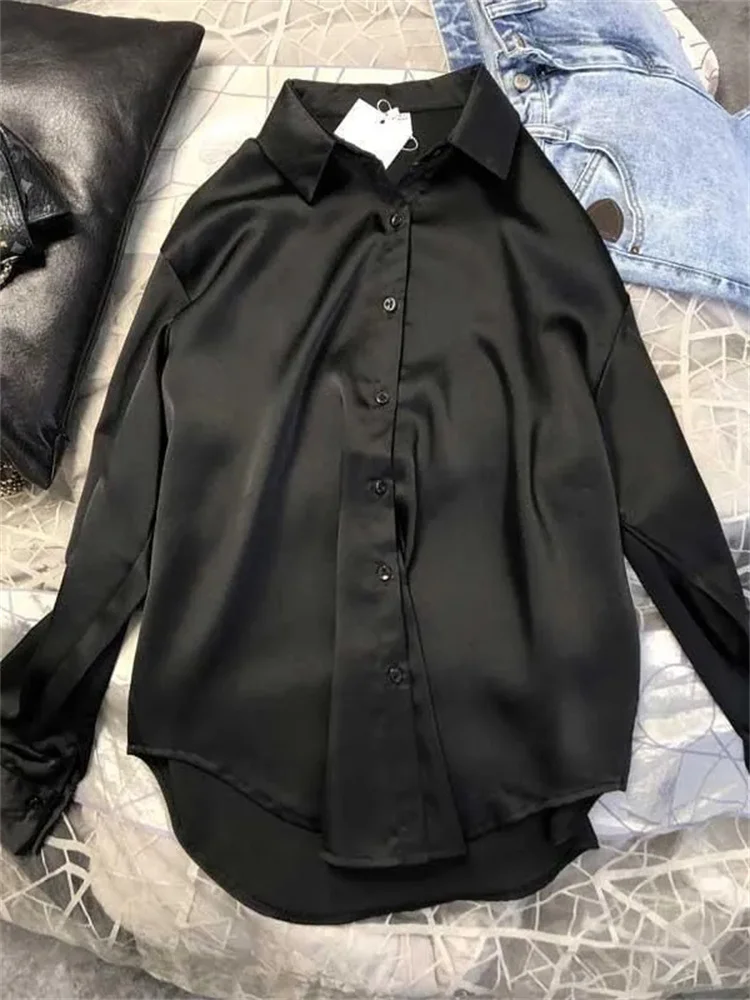 

SATIN Long Sleeve Blouse Button Up Shirt Women Summer 2023 New Female Elegant Ladies Tops High Quality Office Lady Silk