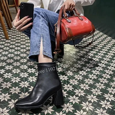 

Leather Boots Zipper Black Square Design Women Elegant Fashion Square Low Heel Casual Ankle Calf Booties Modern Solid Color Shoe