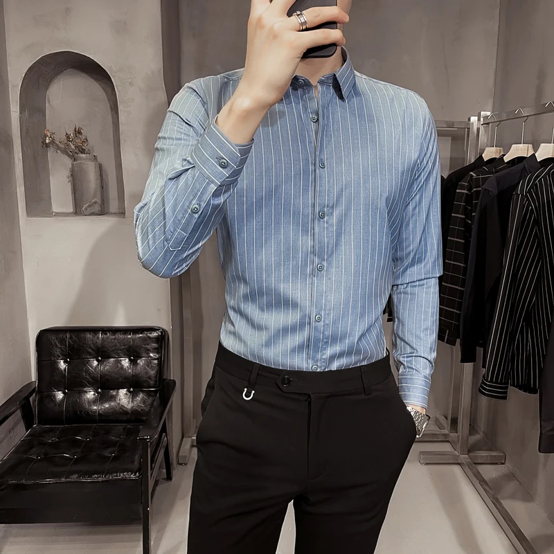 

Spring and winter Elastic Black Striped Shirt Men's long sleeved business casual shirt slim fit no iron warm inch shirt