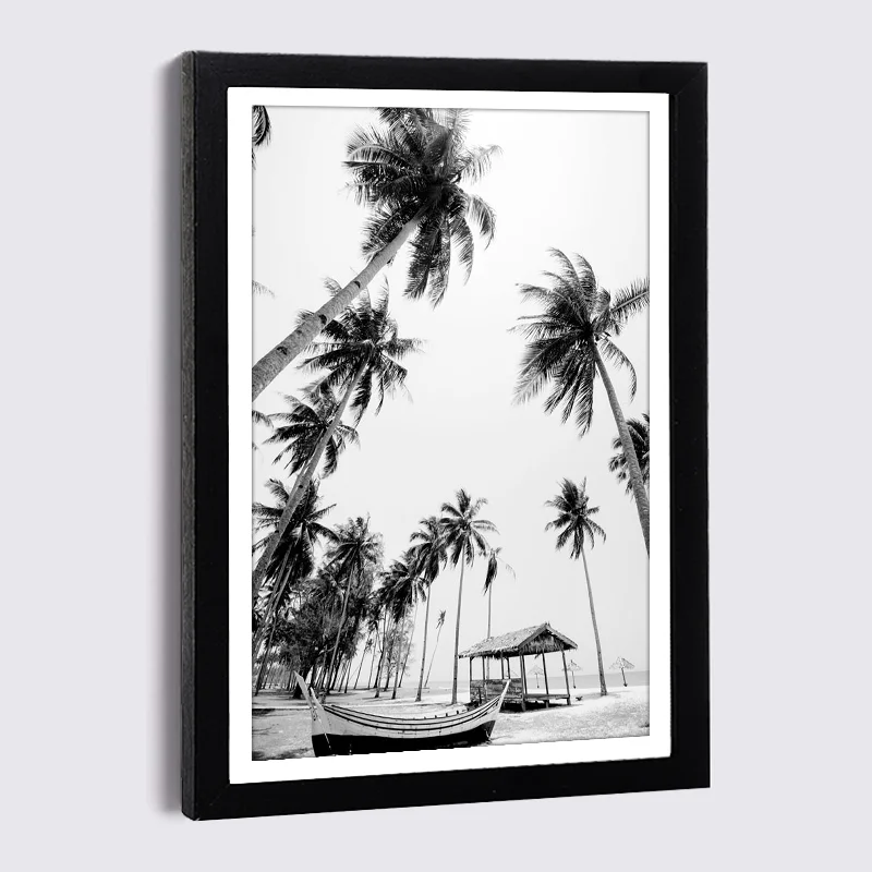 

Wooden Frame 5x7 6x8inch with Black White Beach Coconut Tree House Landscape Canvas Poster Nordic Photo Wall Frame Home Decor