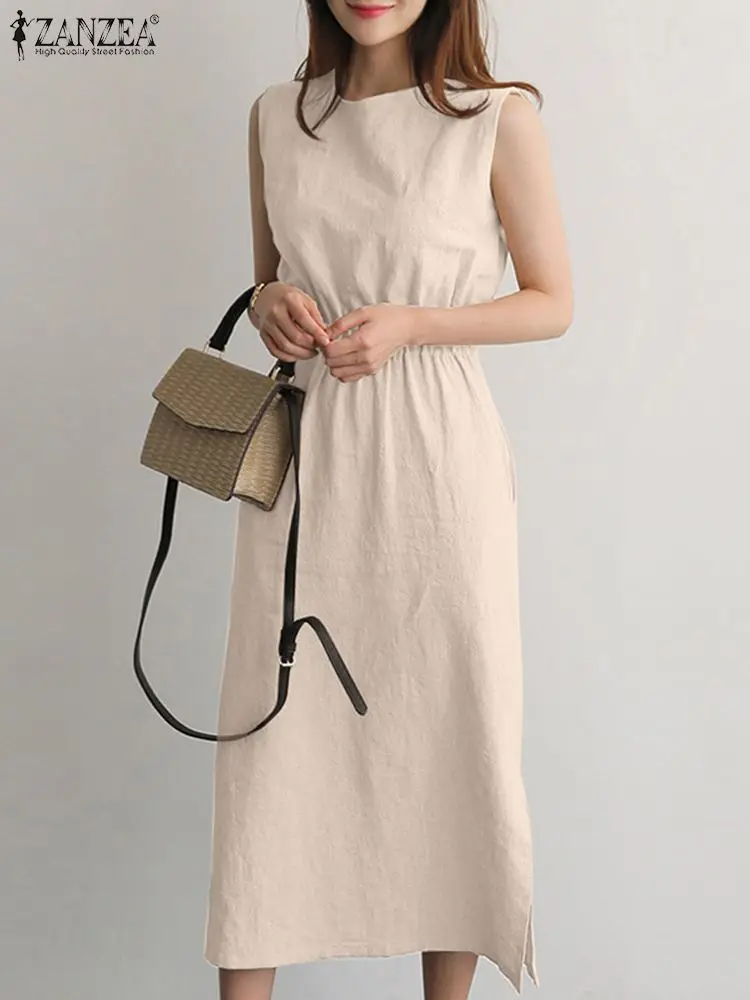 

Платье женское хлопковое в стиле оверсайз с круглым вырезом, без рукавов