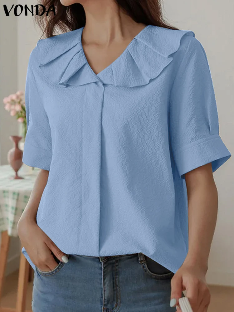 

VONDA Women Shirts 2023 Summer Tops Fashion Sexy V-neck Ruffle Foldable Collar Regular Short Sleeve Blouse Casual Loose Tops