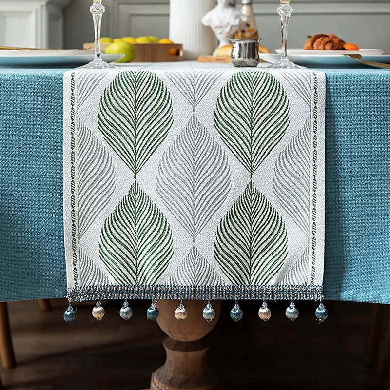 

Cotton Linen Table Runner 72 Inches Long, Spring Table Runners Farmhouse Green Leaves-With Tassels, Home Kitchen Dining
