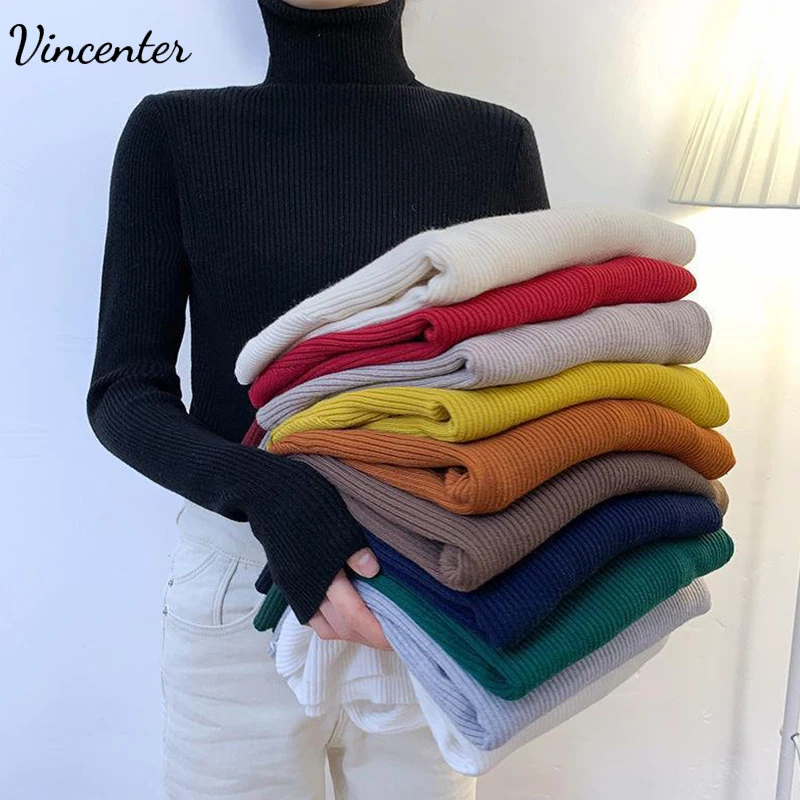 Женская водолазка с длинным рукавом, однотонный облегающий эластичный пуловер в Корейском стиле
