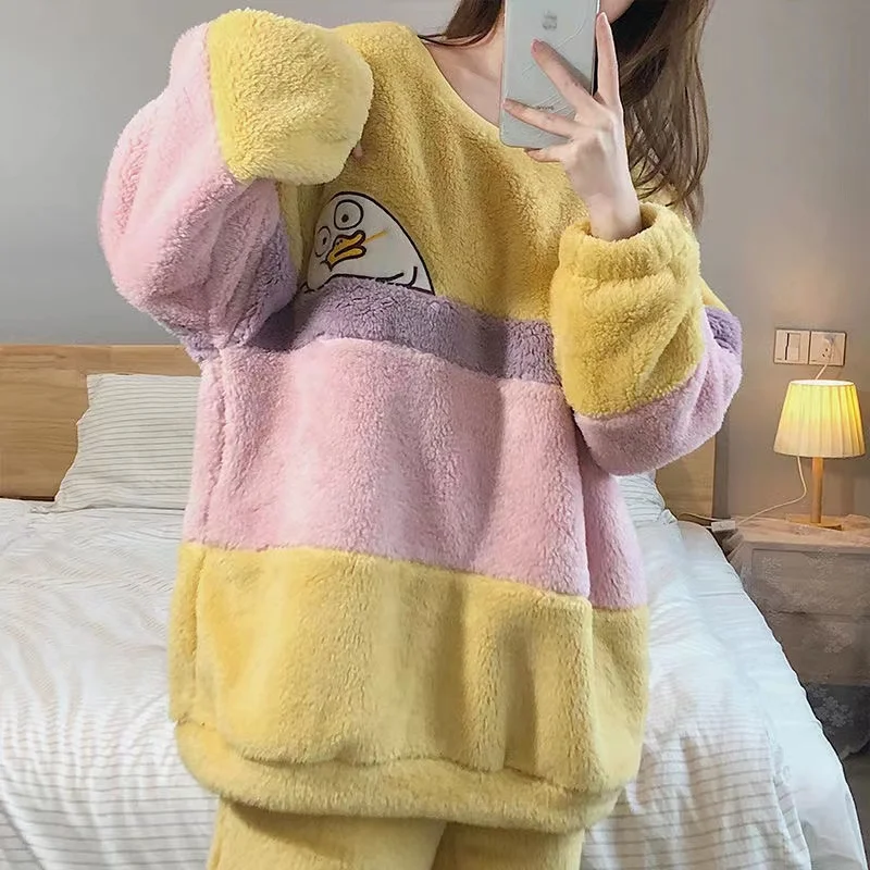 2022 New Pajamas Sets For Women Winter Thick Warm Flannel Sleepwear Round Neck Long Sleeve Trousers Pijama Suit Female