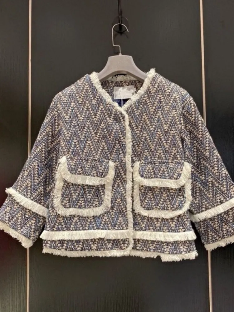 

Runway Fall Korean Women's Small Fragrance Vintage Coat Brand Tweed Woolen Long Sleeve Tassel Chic Jacket Top Casaco Outwear