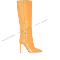 moraima snc candy color orange slip on stone print boots for women knee high boots stilettos high heels runway shoes on heels