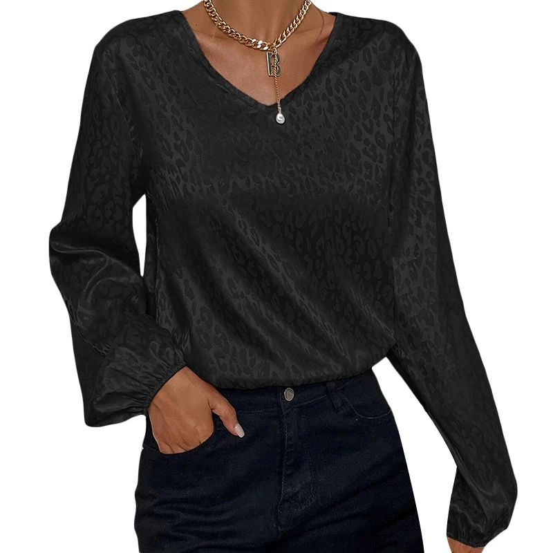 

Женская Повседневная Блузка с длинным рукавом, модный жаккардовый Свободный пуловер с леопардовым принтом и V-образным вырезом, джемперы, в...