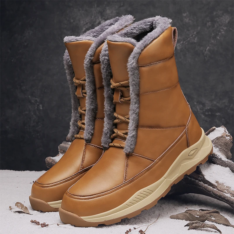 Leather Men Boots Winter Warm Snow Boots Men Winter Work Casual Shoes Sneakers High Top Rubber Ankle Boots Soulier Homme