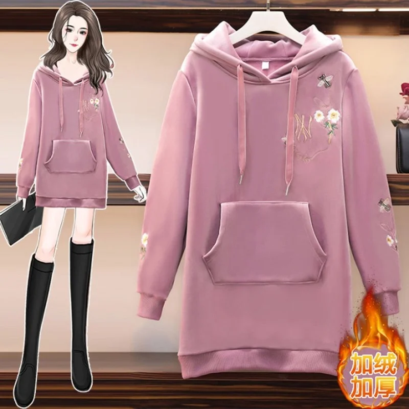 

Sweatshirts Fashion Winter Hooded Collar Pullover Printing Loose Plus Fleece Thickened Solid Color Draw String Tenafeicc