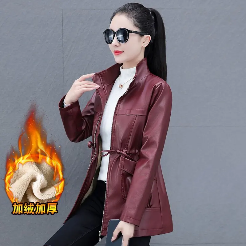 Leather women's autumn  winter Korean style waist mid-length plush thick casual jacket slim PU leather jacket vintage