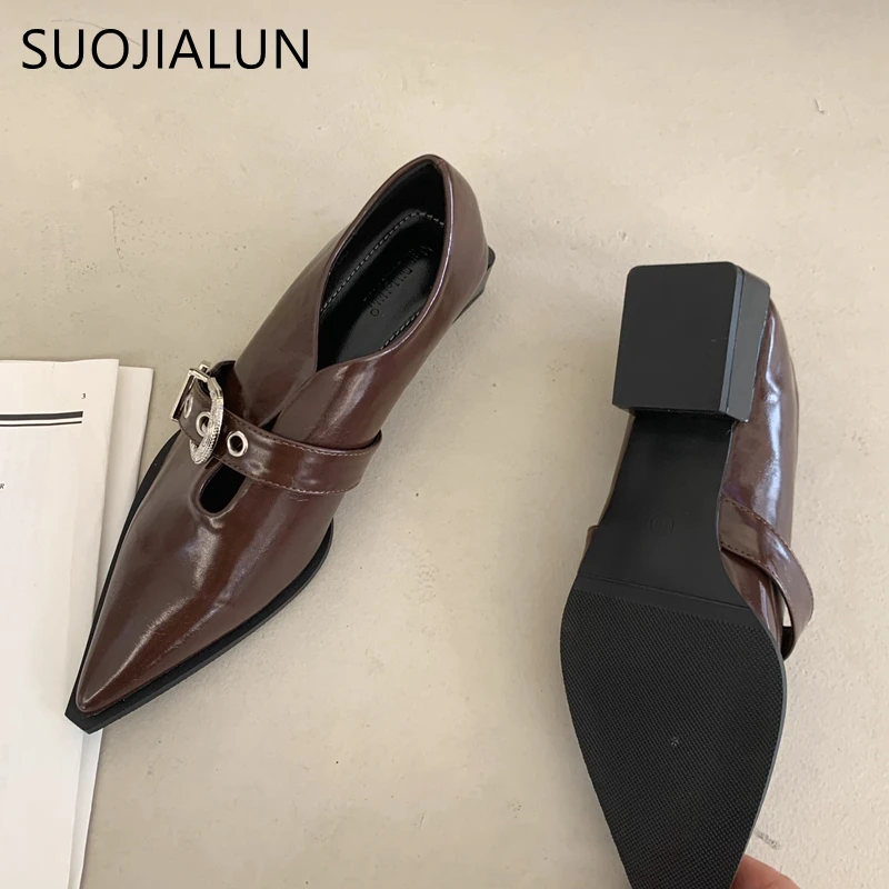 SUOJIALUN 2023 Spring New Brand Women Flat Shoes Fashion Pointed Toe Shallow Ladies Loafers Square Low Heel Female Working Shoes