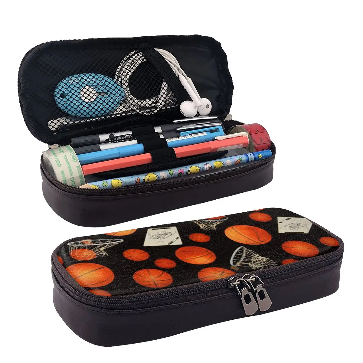 

Basketball And Hoops Leather Pencil Case Zipper Pencil Box Stationery Pen Pouch for Boys Girls School Students Work Office
