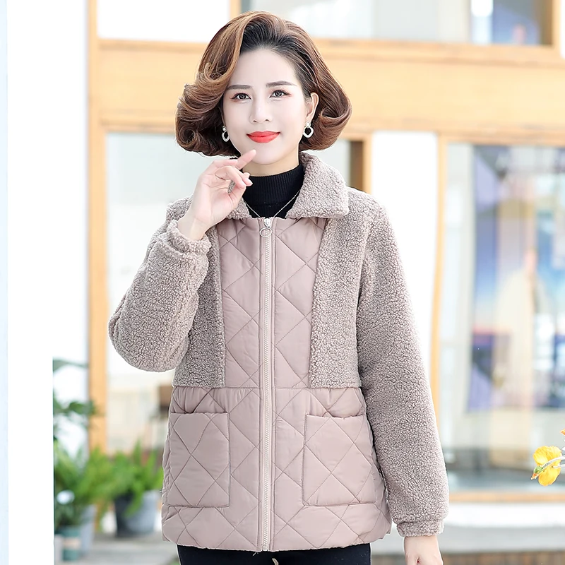 Middle Aged Women Autumn Winter Cotton Jacket 2022 New Lamb Thick Warm Short Outerwear 5XL Parkas Coats