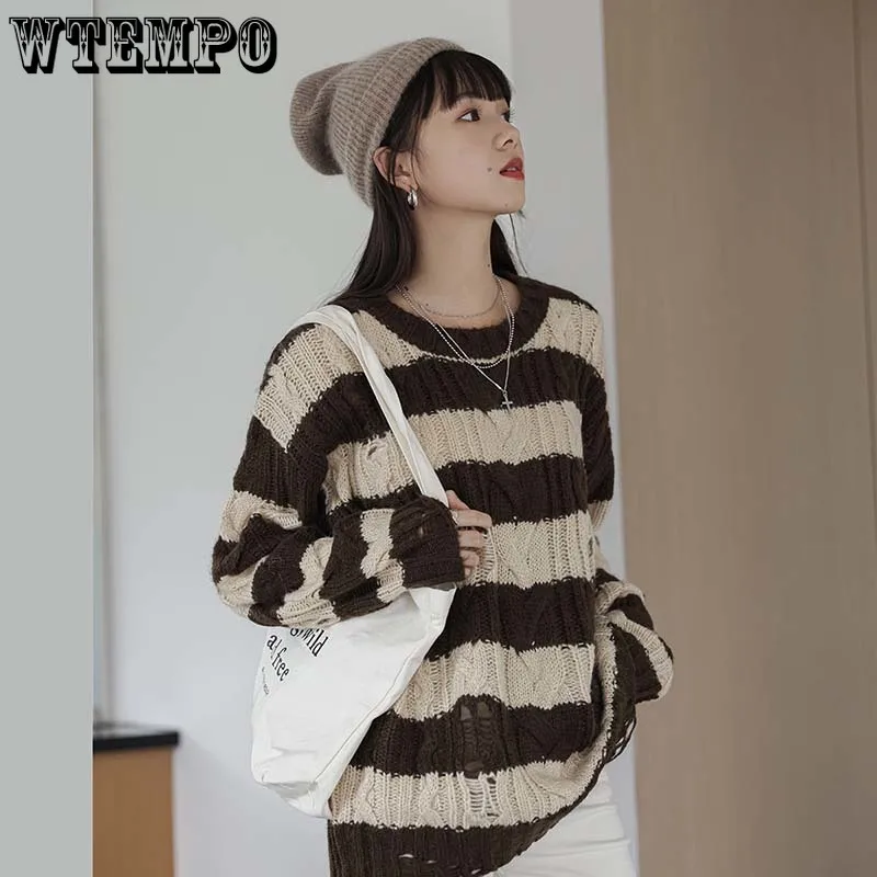 Женский Асимметричный вязаный свитер в полоску Свободный пуловер стиле панк с