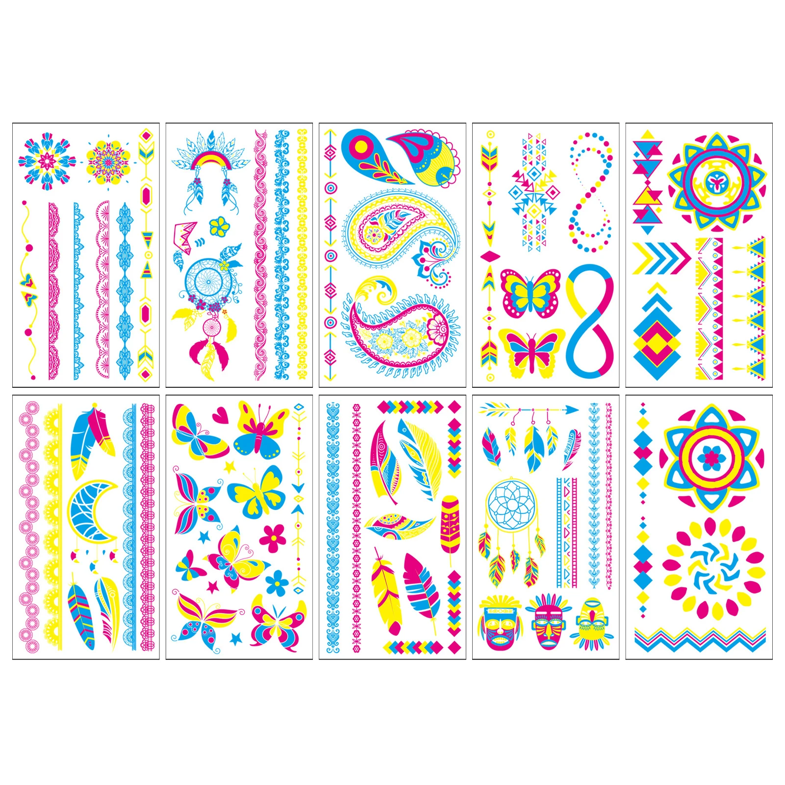 

10 Sheet Body Art Assorted Designs Back Chest Dark Neon Festival Accessories Temporary Tattoo Removable DIY Face For Women