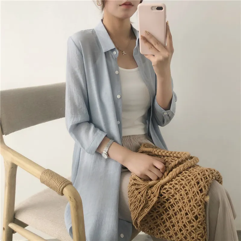 

Summer Long Shirt Women White Female Cardigans Korean Cotton Linen Shawl Ladies Long Sleeve Button Tops Linen Blouse Plus Size