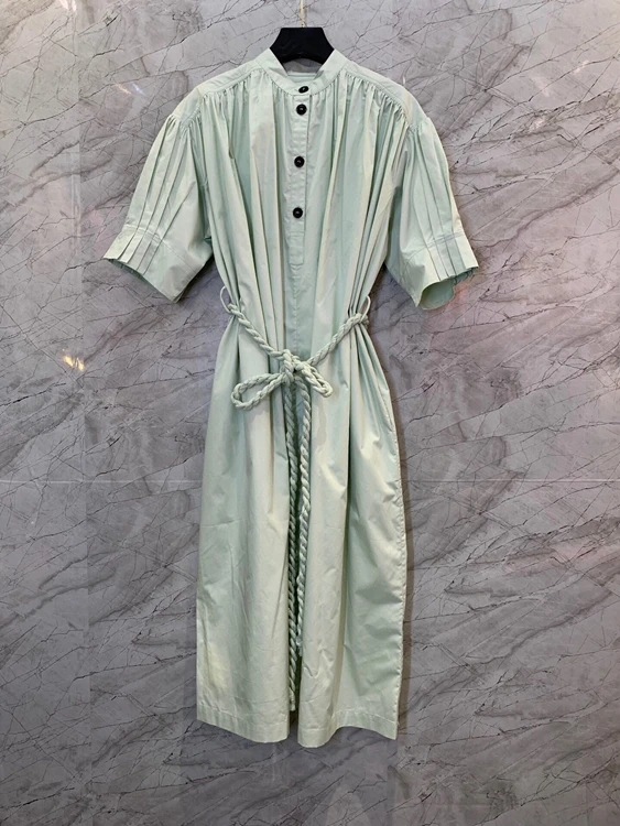 

2022 new women fashion woven belt slim pleated maxi dress casual dress 515