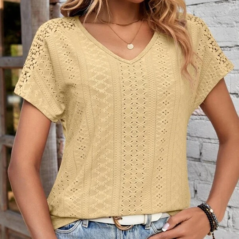

Fashion V Neck Pullover Blouses Women Clothing Summer New Solid Short Sleeve Hollow Out Casual Shirt Blusas De Mujer Elegantes