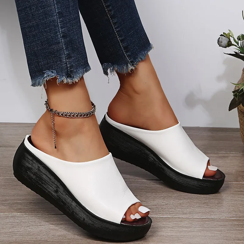 

Summer Ladies Leather Sole Slippers Women Sexy High Heel Black Peep Toe Platform Slip on Sandals Shoes