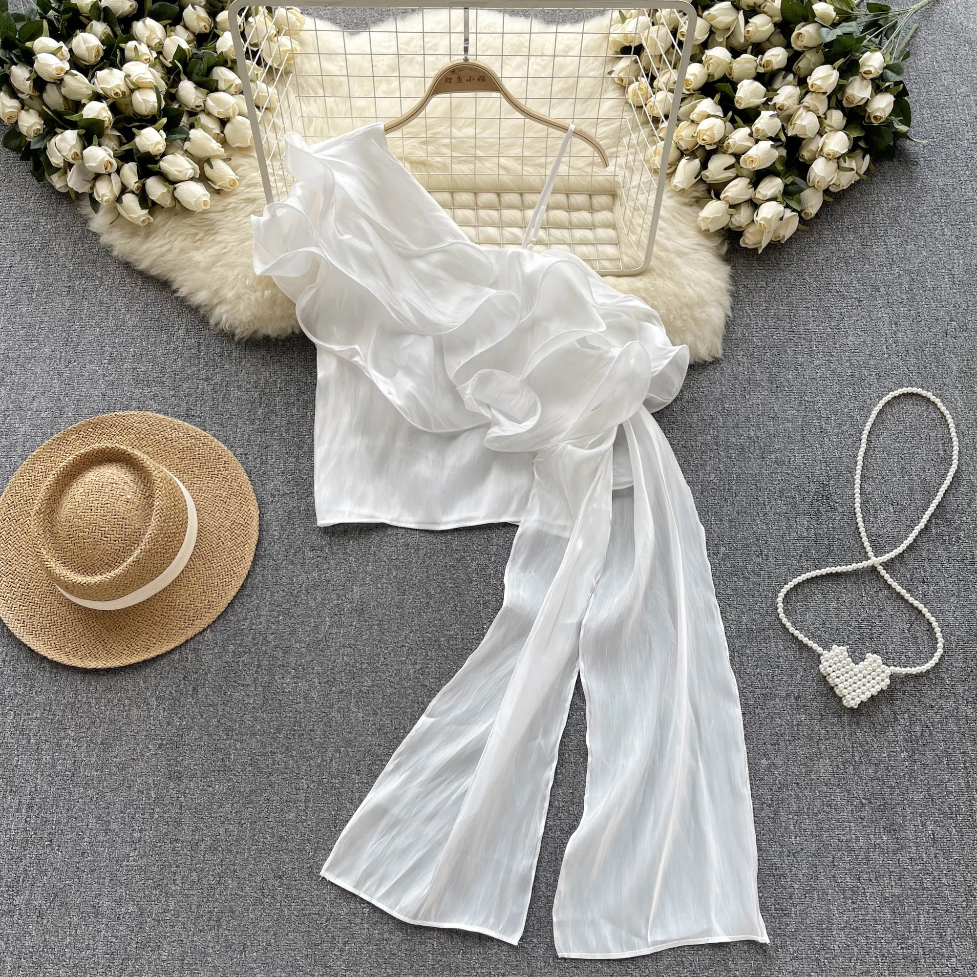 

Summer New French Style Fashion Traf Official Store High-end Shoulder Strap Top Women Trendy Ruffled Irregular Chiffon Top Y2k