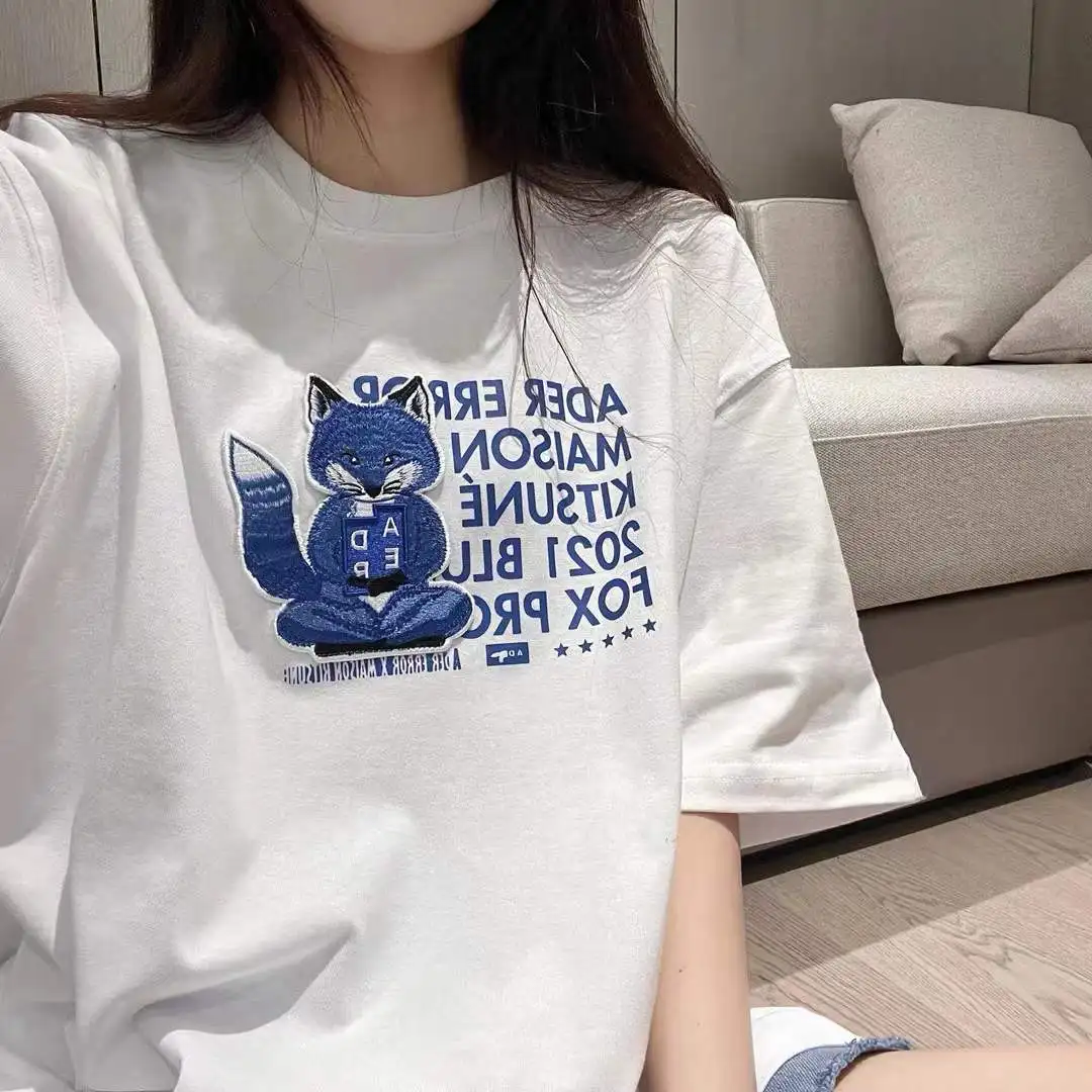 

Niche Brand ADER Meditating Fox Embroidery Loose Round Neck Short Sleeve Unisex T-shirt Summer Couple Tops Women Clothes