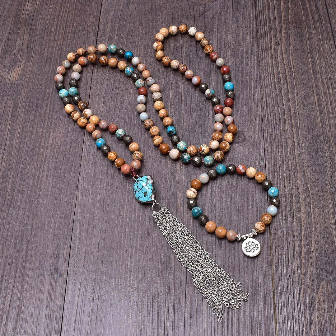 Натуральный камень оникс Пирит металлическое ожерелье с кисточками 108 набор