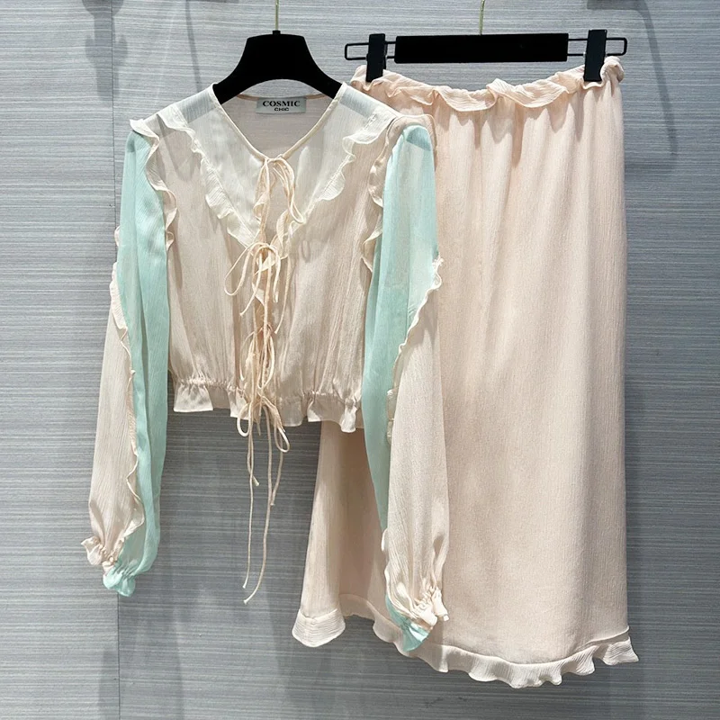 

23 Spring Runway 100% Silk Skirt 2 Piece Set Elegant Macaron Color Lantern Sleeve Lace Up Blouse Ruffles Slim Mid-length Skirts