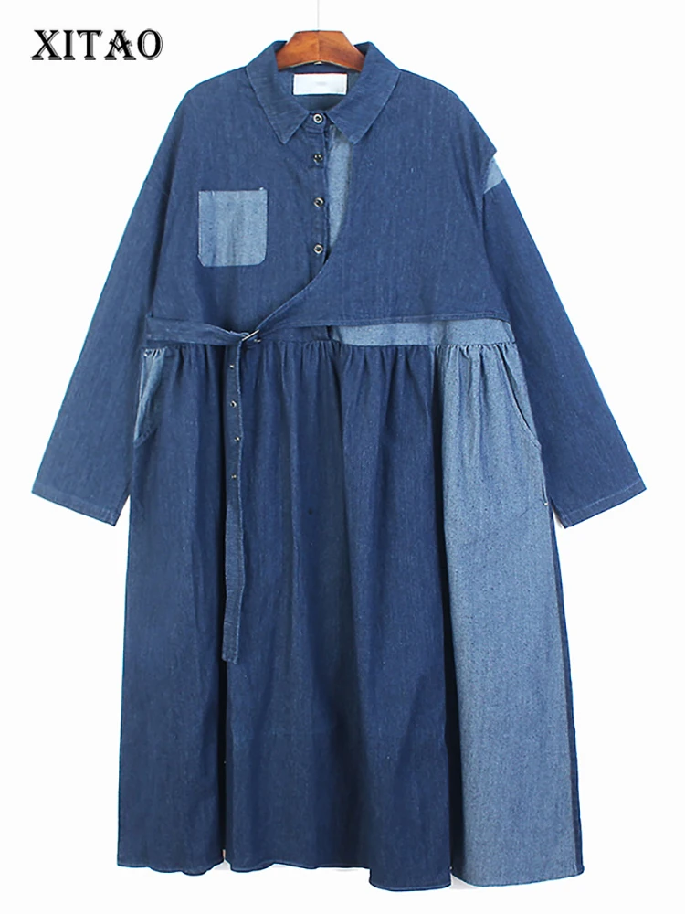 

XITAO Patchwork Pocket Turn-down Collar Pullover Dress 2022 Autumn New Casual Loose Fashion Temperament All Match WLD13003