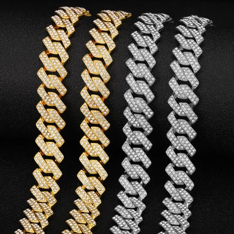 

Hip Hop Iced Out Chain Paved Rhinestones Necklace 15MM Silver Color Full Miami Curb Cuban Chain Rapper Necklaces For Men Jewelry