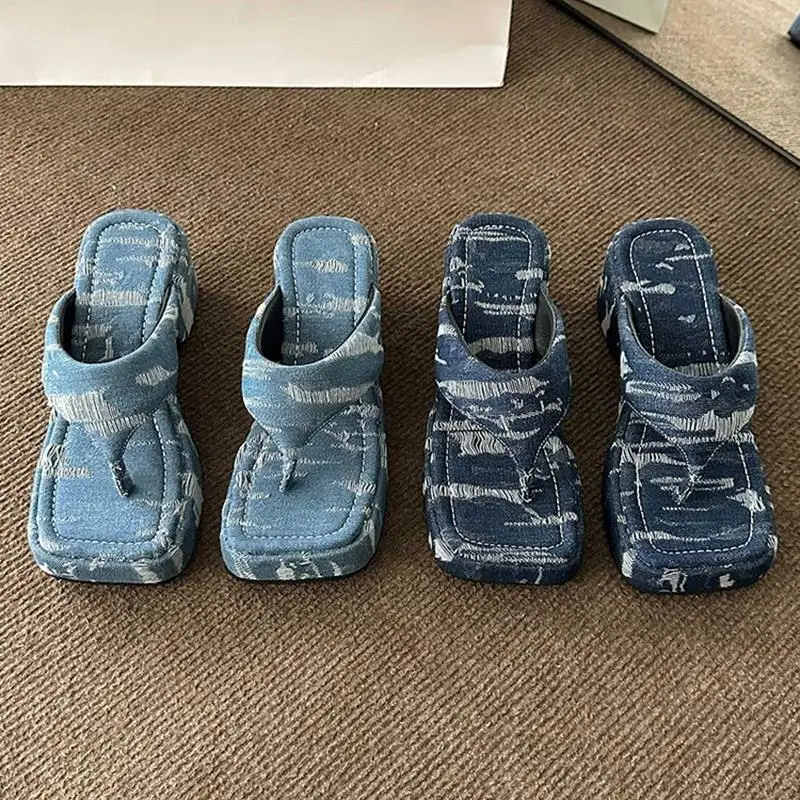 Summer New Herringbone Denim Platform High Heel Slippers Women's Platform Height Increasing Beach Shoes Wedge Slip-on Sandals