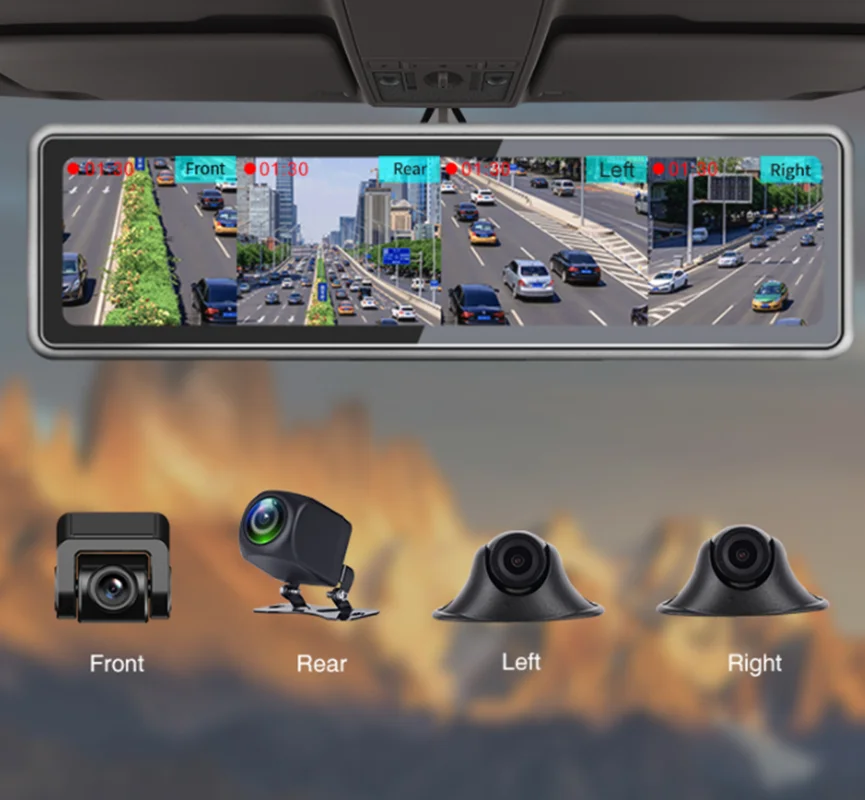 

12" 360° Dashboard Car DVR 4 Camera Recording Night Vision Car Video Recorder FHD 1080P Touch Screen 4 Screen Display Dash Cam