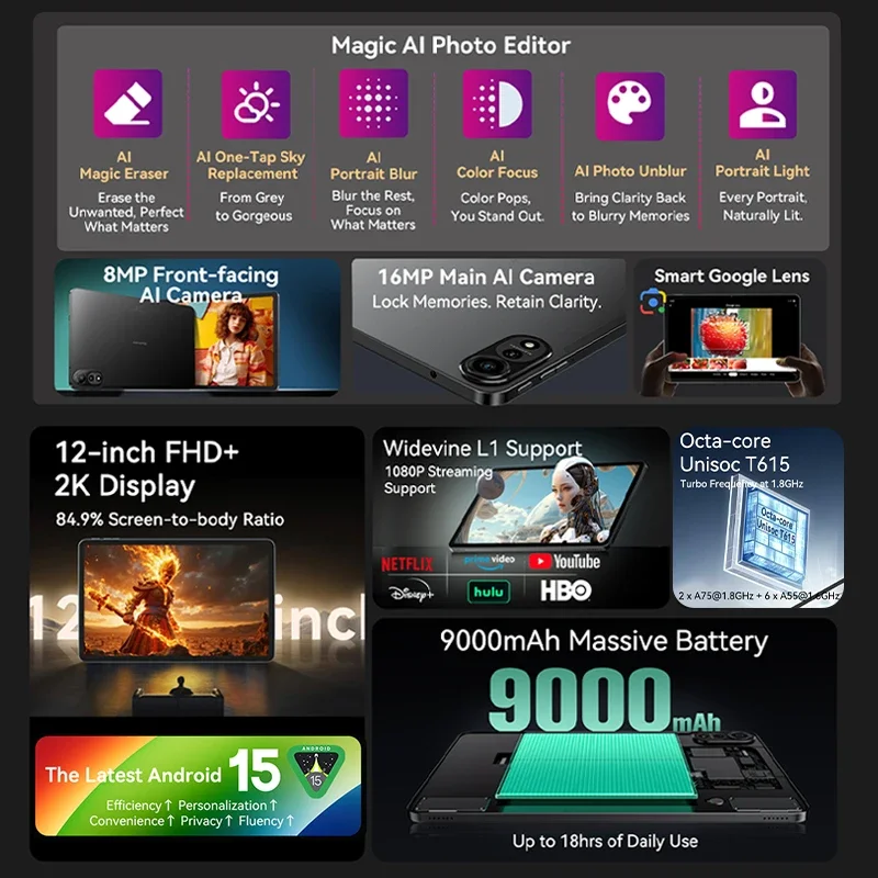 Планшет Blackview 12&quot 8/256ГБ 12/256ГБ Wi-Fi+4G Android