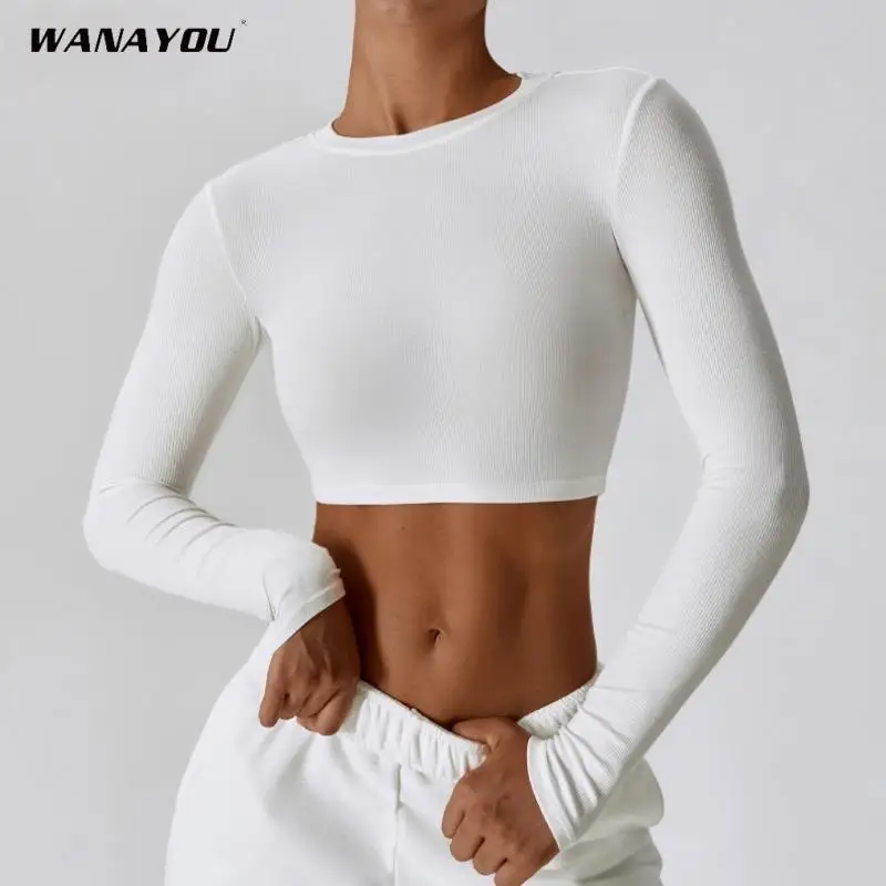 

WANAYOU Yoga Shirts Women Gym Crop Tops Long Sleeve Gym Sports Top with Pad Breathable Running T-Shirts Fitness Workout Clothing