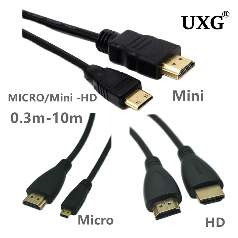 10M 0.3M 1M Mini Micro HD To HDMI-compatible Cable High Speed Adapter Gold Plated Plug For Camera Monitor Projector Notebook TV