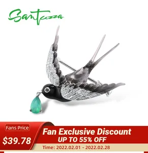 Женская серебряная брошь SANTUZZA, из серебра 925 пробы с зеленым агатом и ласточкой, эмалированная