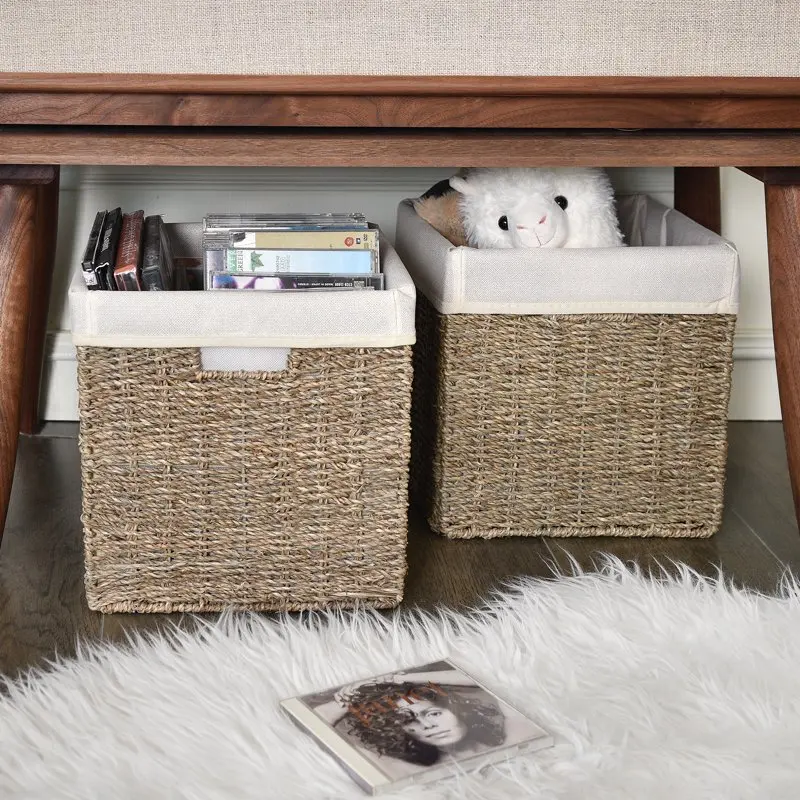 

Foldable Seagrass Storage Basket with Iron Wire Frame, Natural Decorative Handmade Woven Wicker Storage Baskets, 10.2"x10.2"x10.